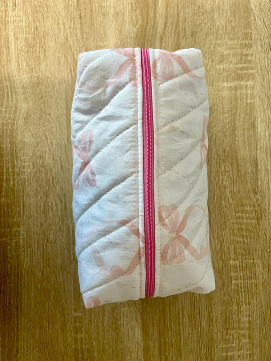 Quilted Boxy Makeup Pouch - Pink Bow