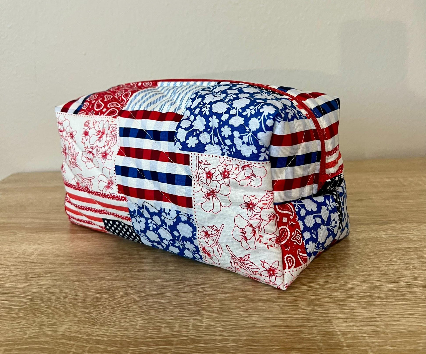 Quilted Boxy Makeup Pouch - Red White and Blue Patchwork