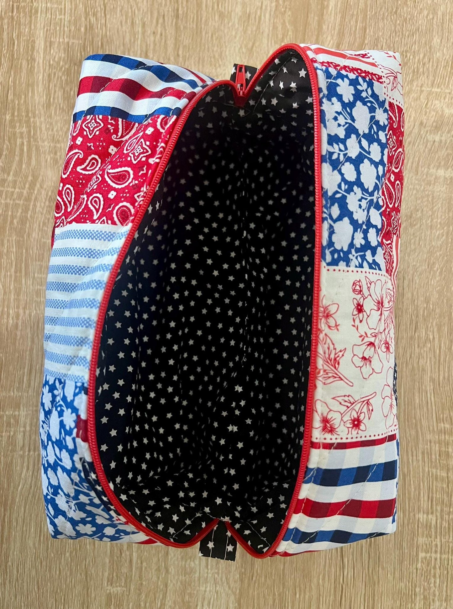 Quilted Boxy Makeup Pouch - Red White and Blue Patchwork