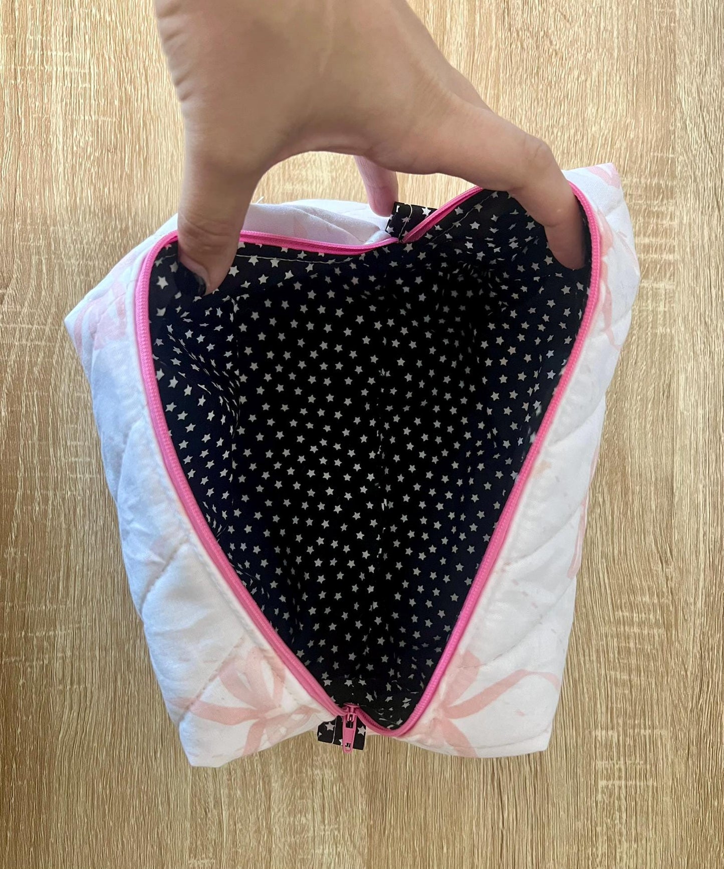 Quilted Boxy Makeup Pouch - Pink Bow