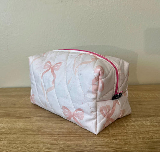 Quilted Boxy Makeup Pouch - Pink Bow