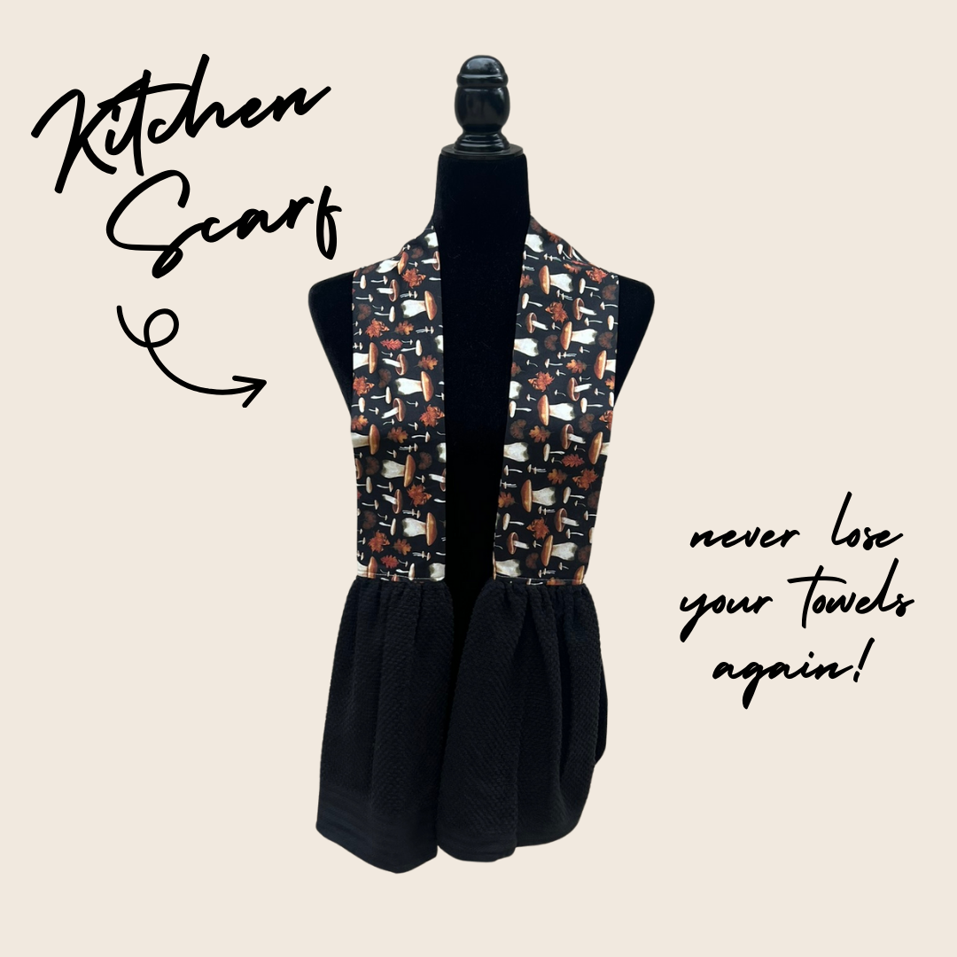 Mushrooms on Black Kitchen Scarf