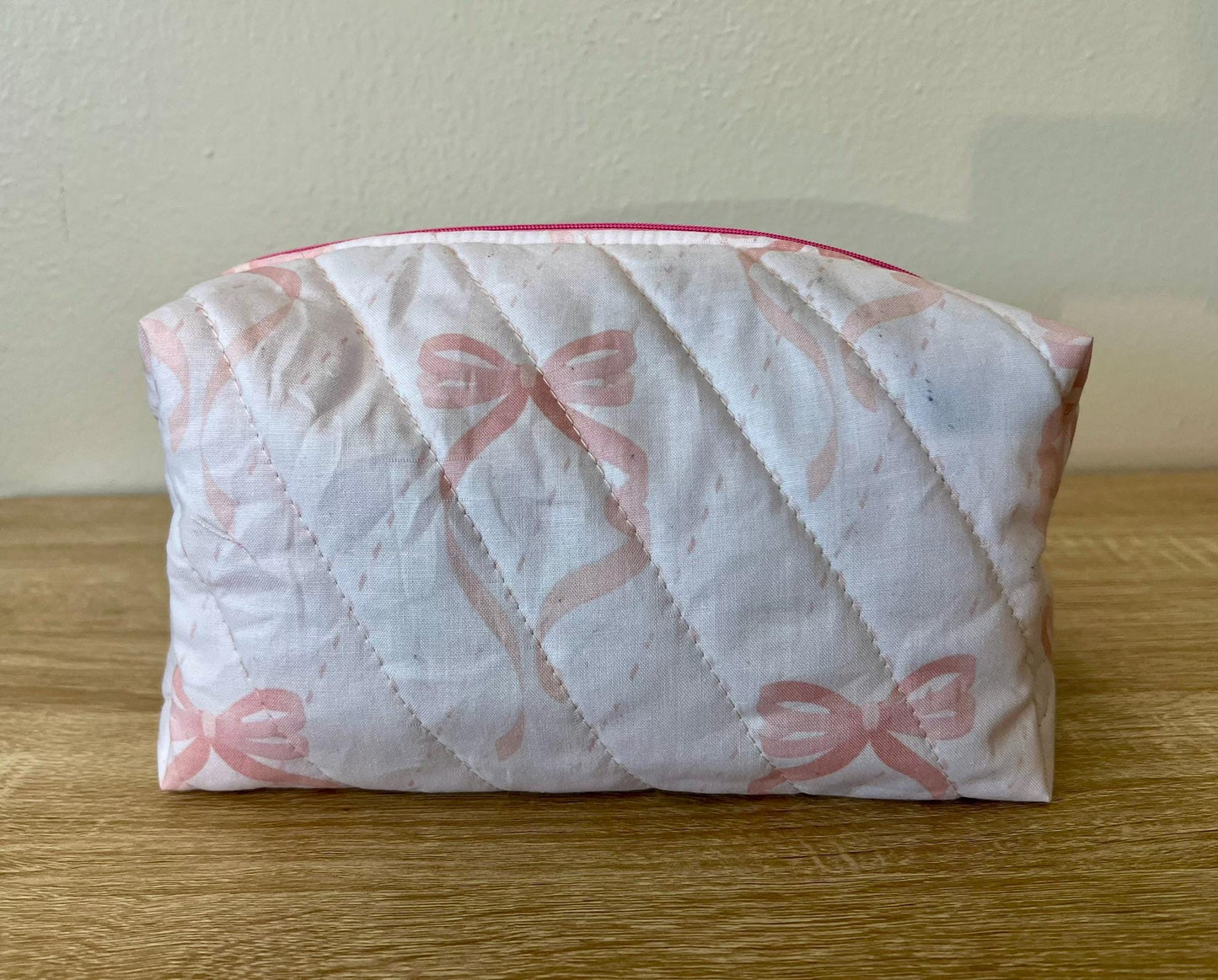 Quilted Boxy Makeup Pouch - Pink Bow
