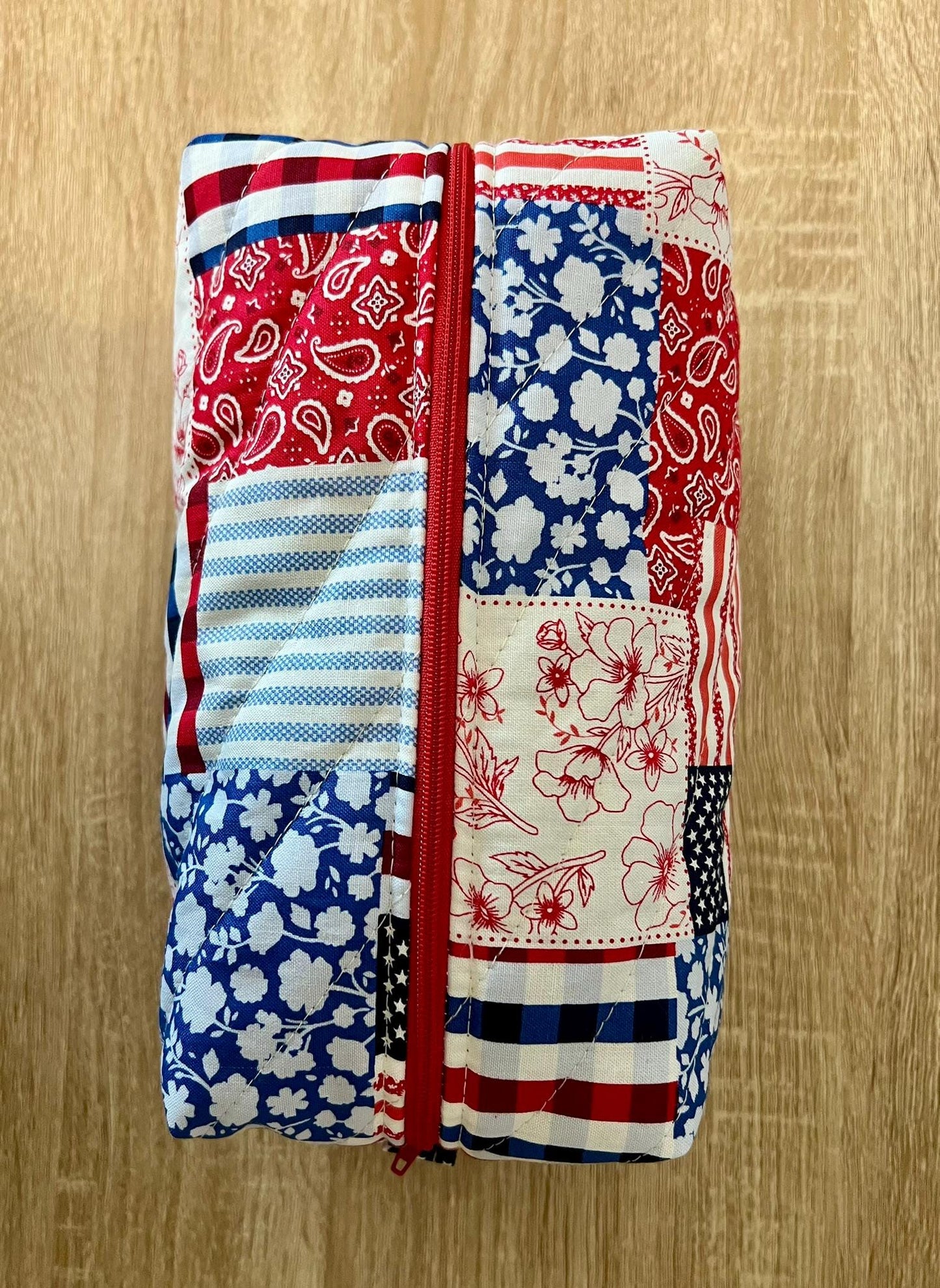 Quilted Boxy Makeup Pouch - Red White and Blue Patchwork