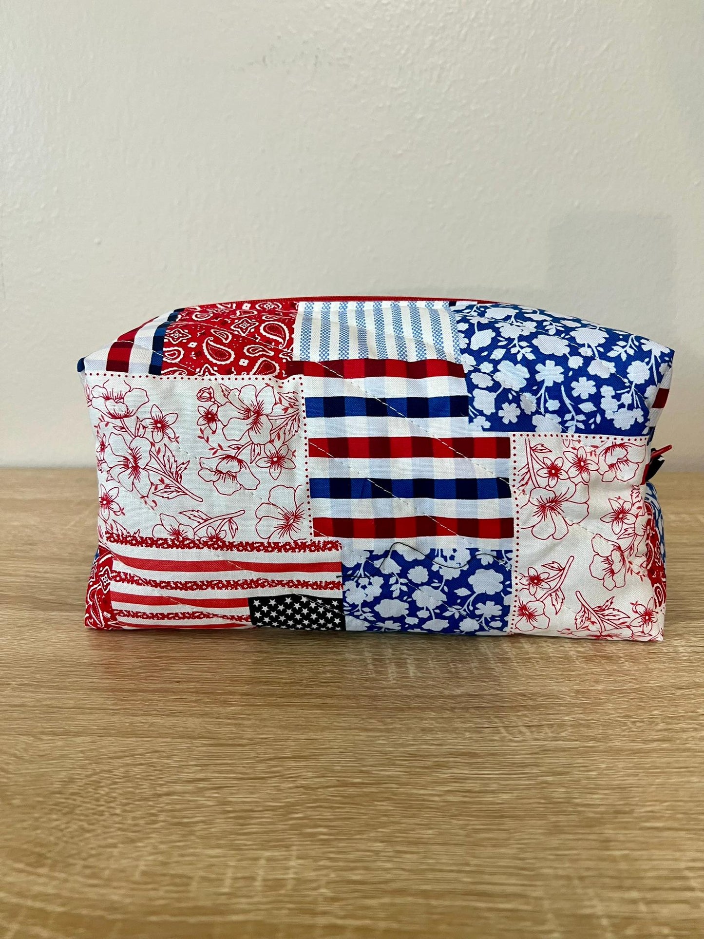 Quilted Boxy Makeup Pouch - Red White and Blue Patchwork