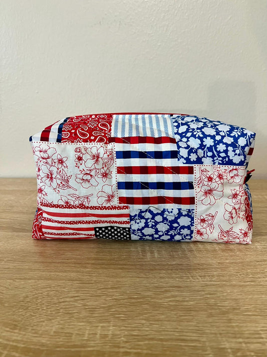 Quilted Boxy Makeup Pouch - Red White and Blue Patchwork